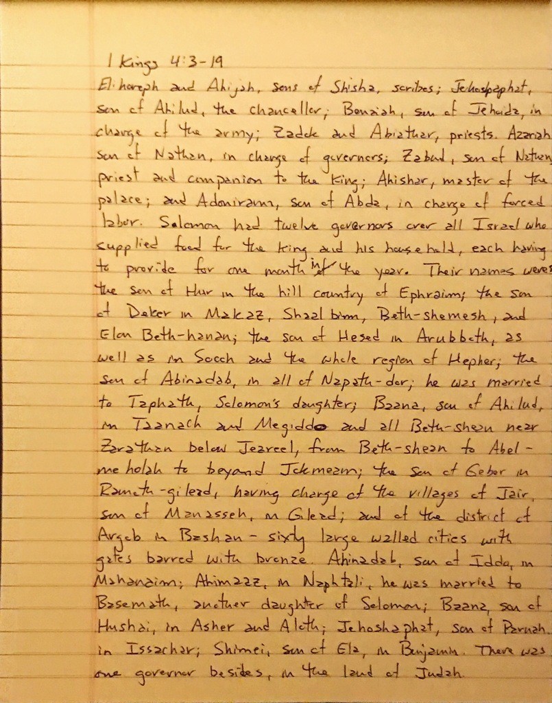 Handwritten post from the first book of Kings chapter 4 verses 3 through 19.