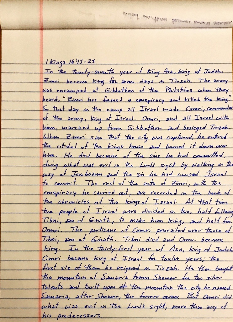 Handwritten page from the first book of Kings chapter 16 verses 15 through 25
