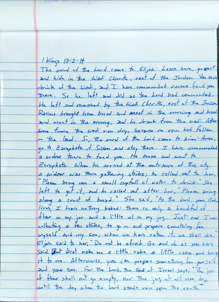 Handwritten page from the first book of Kings chapter 17 verses 2 through 14.