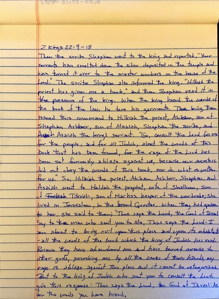 Handwritten page from the second book of Kings chapter 22 verses 9 through 18.
