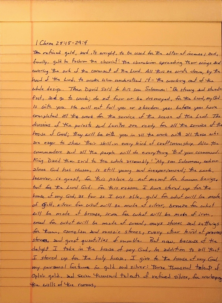 Handwritten page from the first book of Chronicles chapter 28 verse 18 through chapter 29 verse 4.