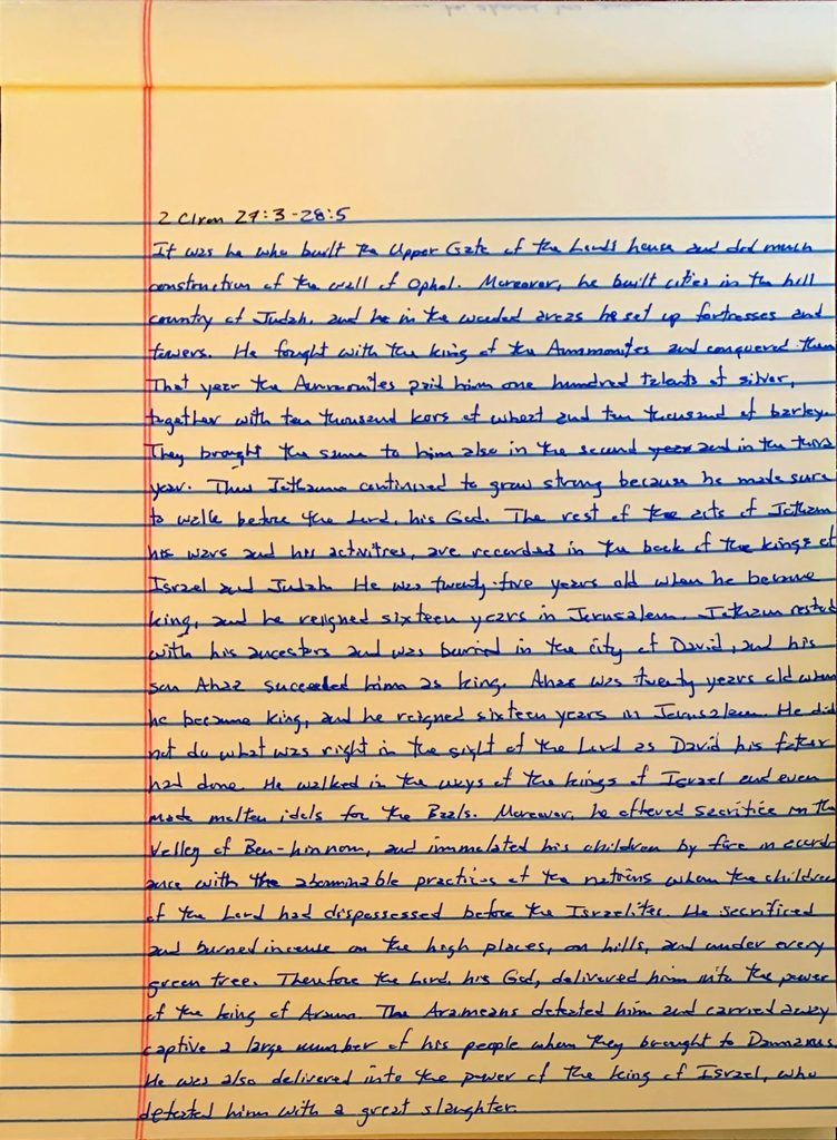 Handwritten page from the second book of Chronicles chapter 27 verse 3 through chapter 28 verse 5.