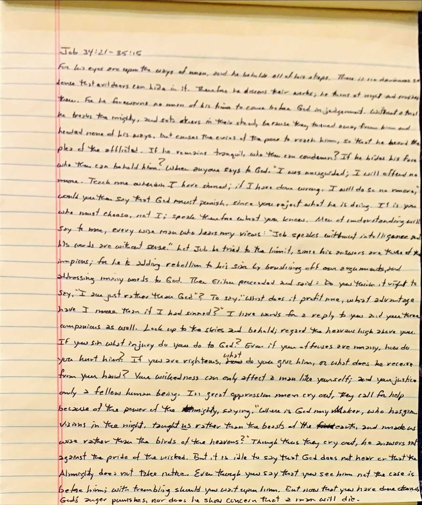 Handwritten page from the book of Job chapter 34 verse 21 through chapter 3 verse 15.