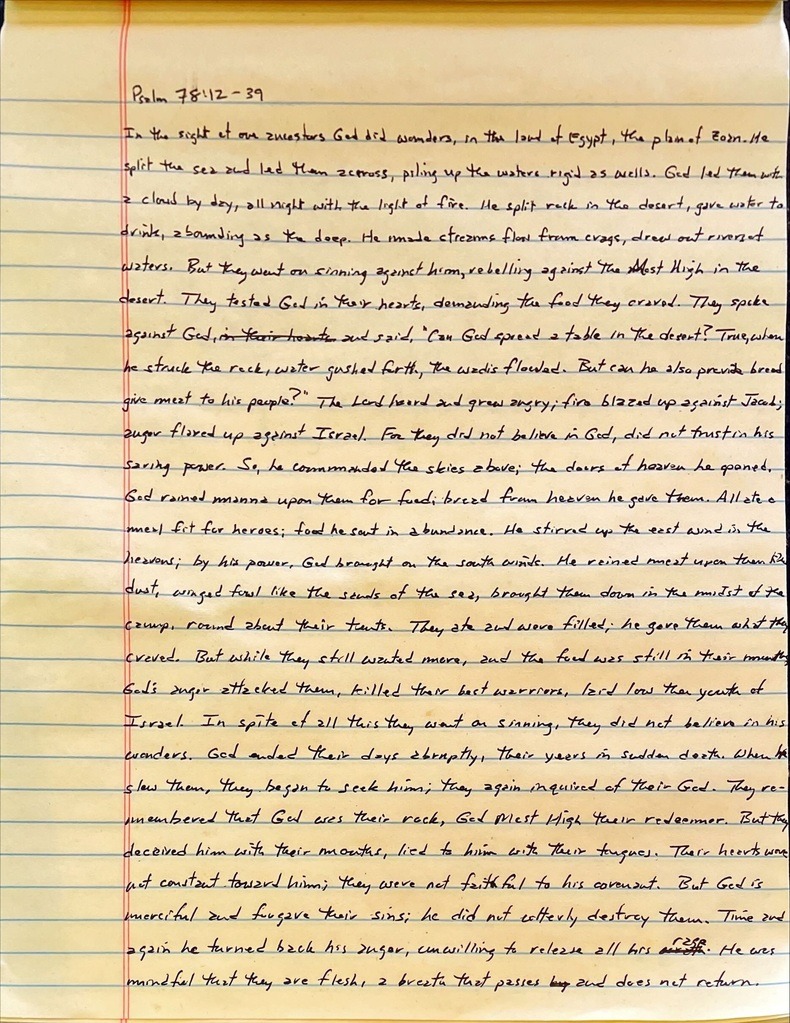 Handwritten page from the book of Psalms chapter 78 verses 12 through 39.