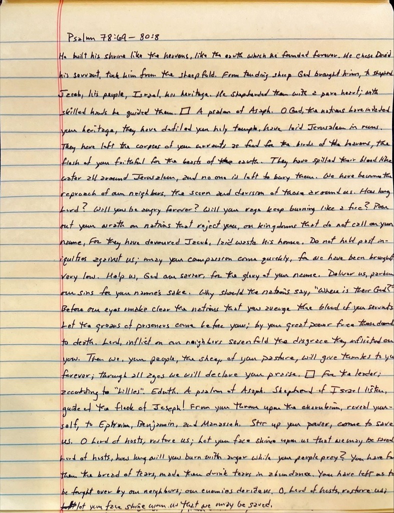 Handwritten letter from the book of Psalms chapter 78 verse 69 through chapter 80 verse 8.